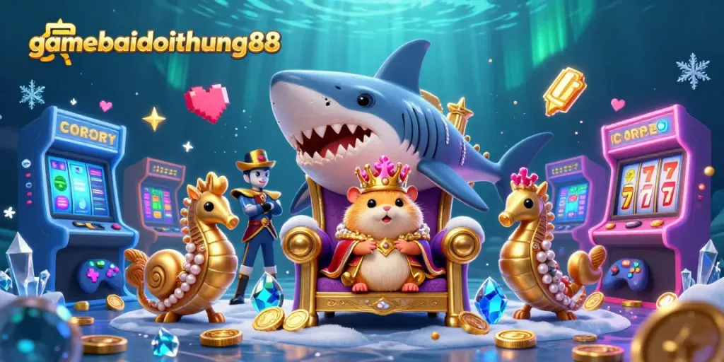 Experience vibrant gaming adventures with gamebaidoithuong88 featuring a fierce golden hamster king ruling a creative casino realm.