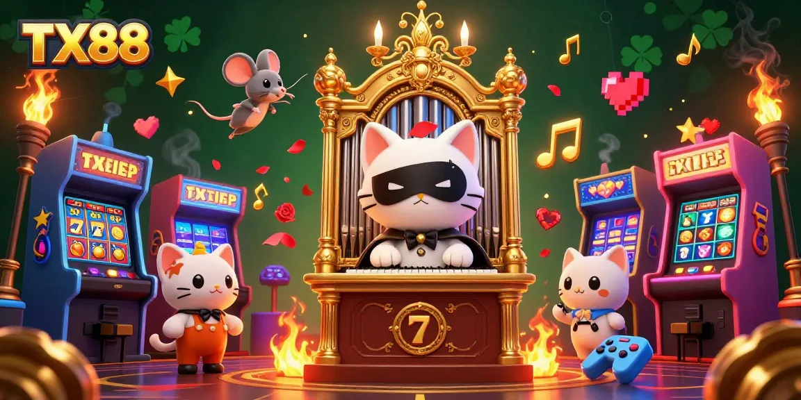 Spin the TX88 slot reels with 3D characters at an ornate casino, showcasing vibrant gambling action.