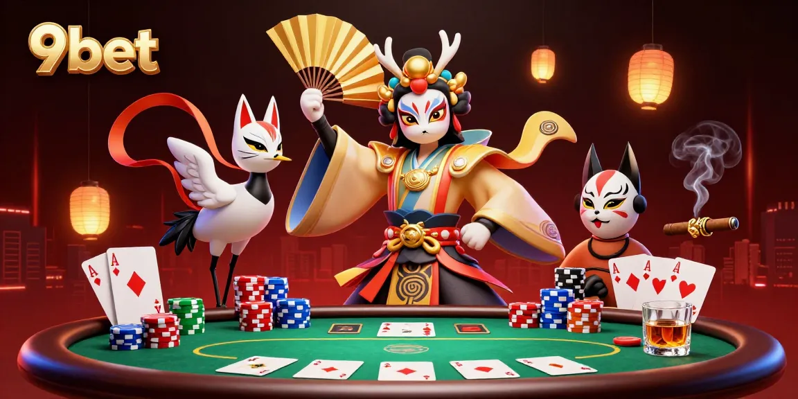 Engage with 9bet's vibrant gaming scene featuring a kabuki warrior and poker elements.