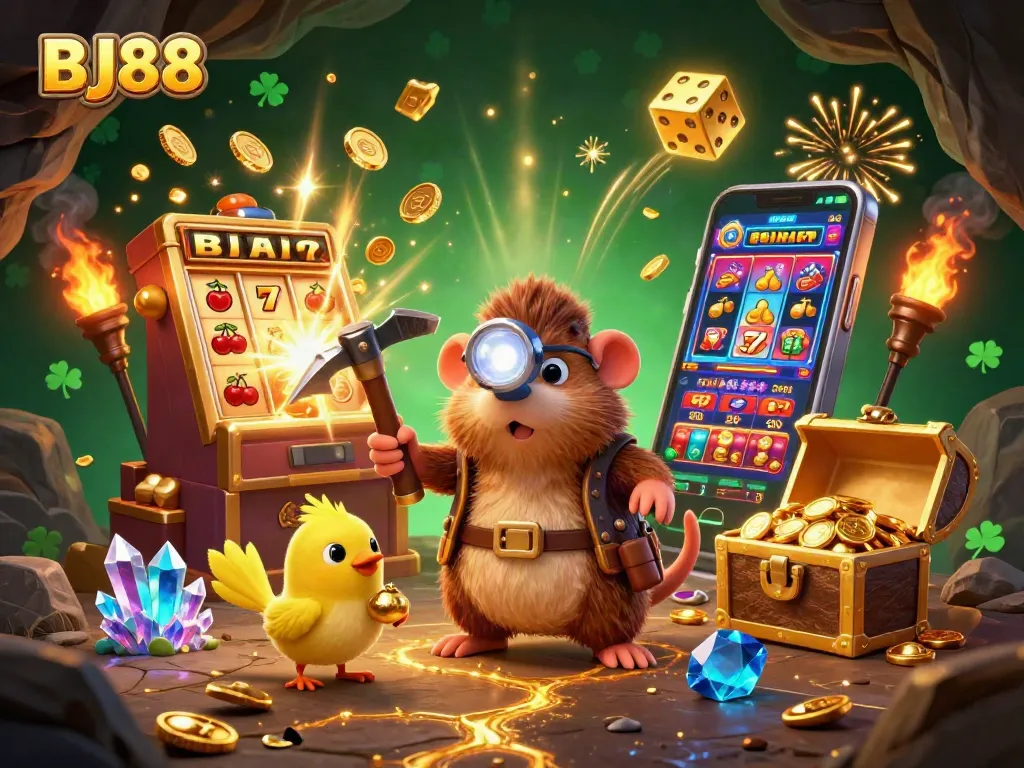 Spin thrilling jackpots at BJ88 with vibrant visuals of treasure hunter mole and explosive slot machines.