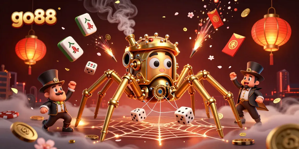 Spin the reels at go88 with a vibrant 3D casino illustration showcasing steampunk elements and festive decor.