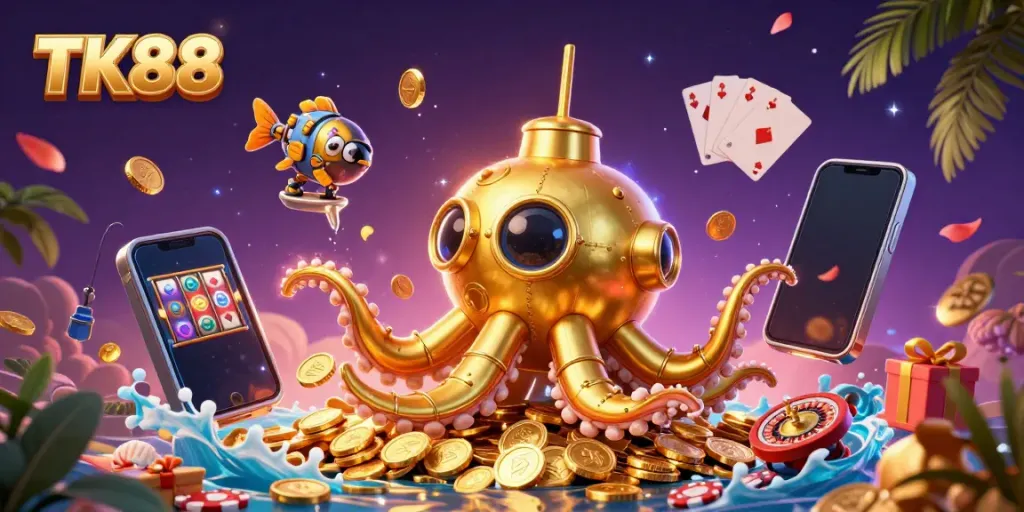 Experience thrilling games at TK88 with vibrant casino elements and a mystical underwater backdrop.