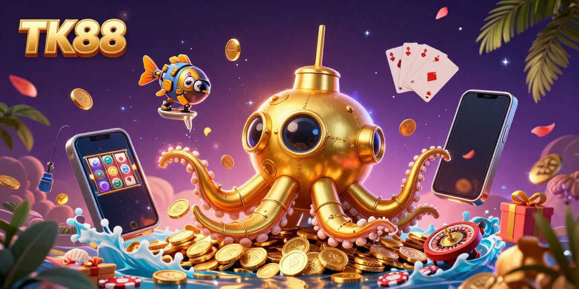 Experience thrilling games at TK88 with vibrant casino elements and a mystical underwater backdrop.