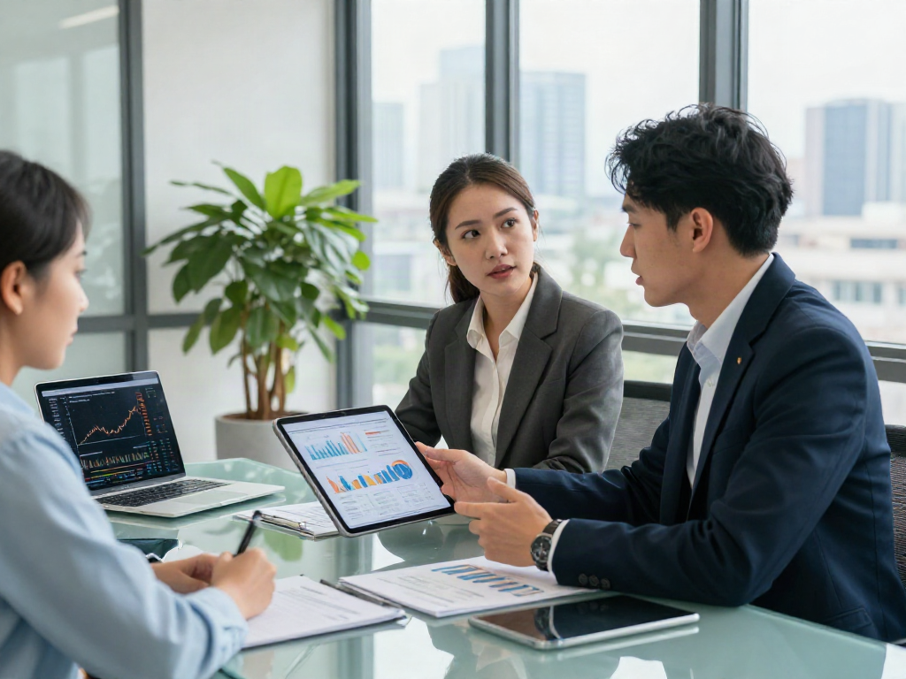 Financial advisor discussing how to deposit 10k with client in modern office.