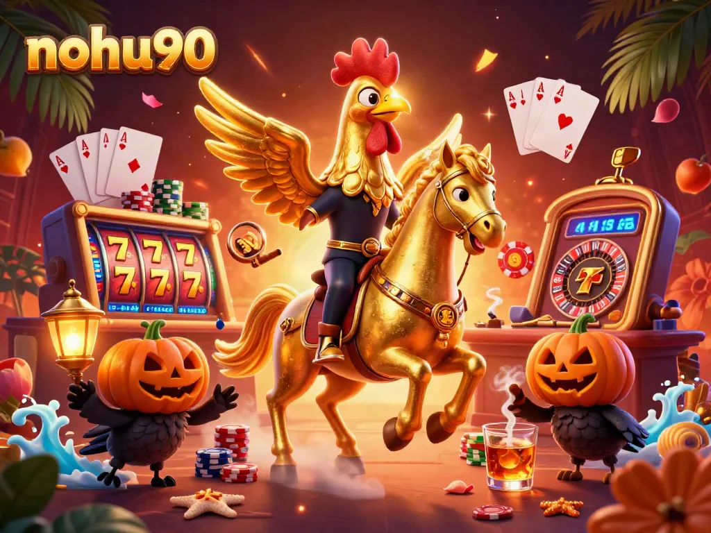Nohu90 platform features a golden rooster and spectral horse, surrounded by vibrant casino elements.