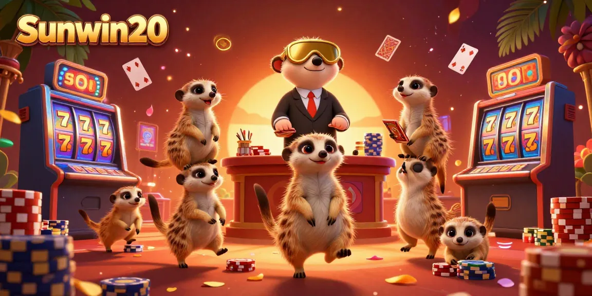 Engaging scene of meerkats managing the Sunwin20 casino, showcasing dynamic gaming elements and vibrant atmosphere.