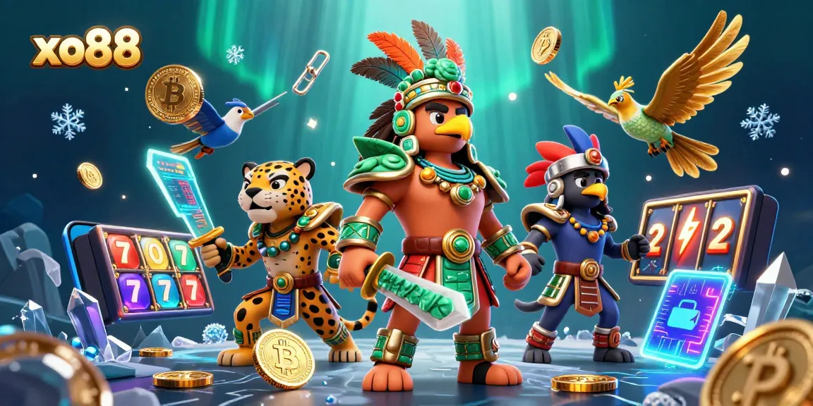 Experience thrilling gameplay with xo88's vibrant casino scene featuring Aztec warriors and crypto elements.