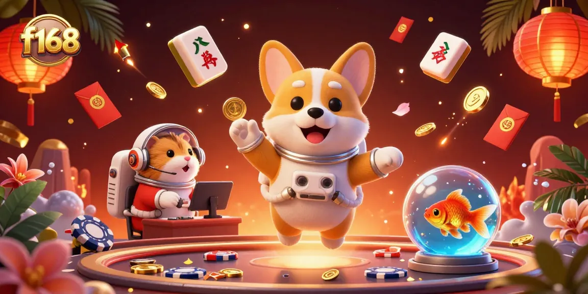 Experience f168′s vibrant online casino atmosphere with floating chips and dynamic characters.