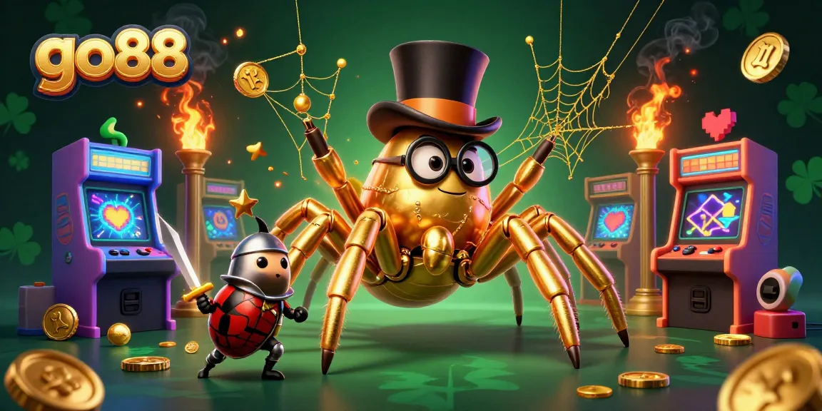Witness the thrilling action of go88 with a golden tarantula and beetle knight in a vibrant casino scene.