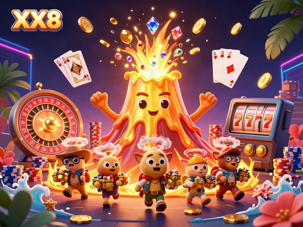 Experience thrilling gaming with XX8, a lively gold volcano erupting coins and treasures in a vibrant casino scene.