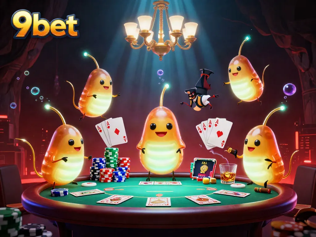 Experience the excitement of 9bet with animated glowworms lighting a vibrant casino scene.