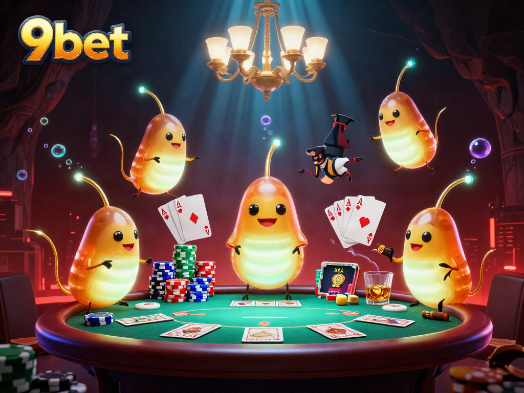 Experience the excitement of 9bet with animated glowworms lighting a vibrant casino scene.