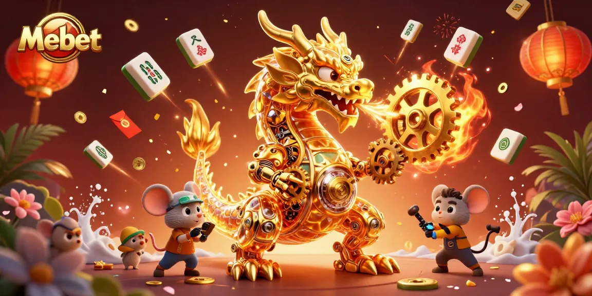 Mebet showcases a golden dragon breathing gears and cogs in a vibrant casino scene