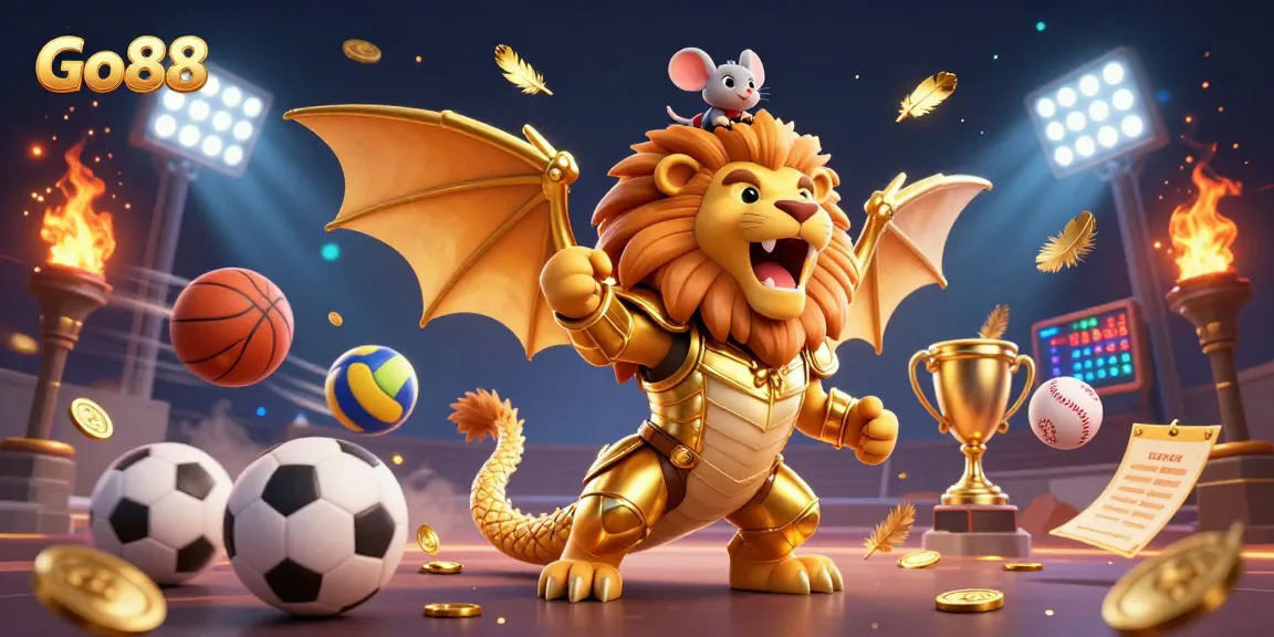 Experience thrilling betting action with Go88's dynamic casino illustration featuring sports elements and a majestic chimera.