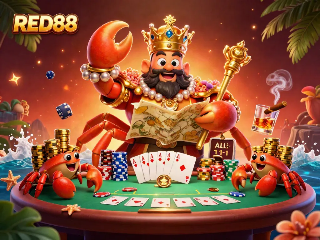 Experience exciting gaming at RED88 with a majestic crab emperor, poker tables, and colorful chips.