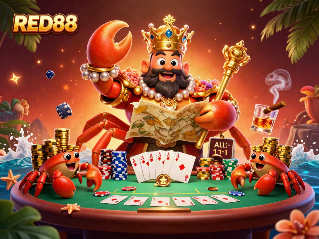 Experience exciting gaming at RED88 with a majestic crab emperor, poker tables, and colorful chips.