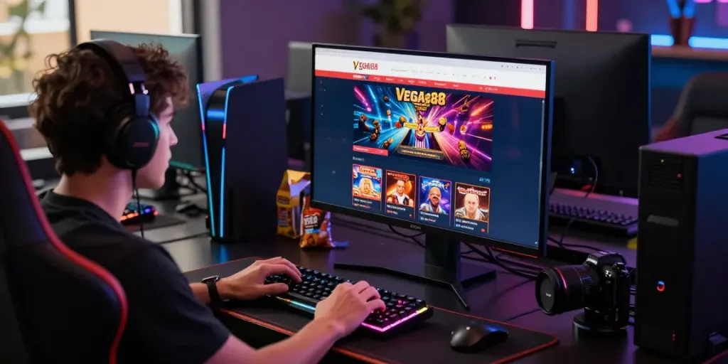 Engaged gamer using the Link Alternatif Vegas88 platform in a vibrant gaming setup.