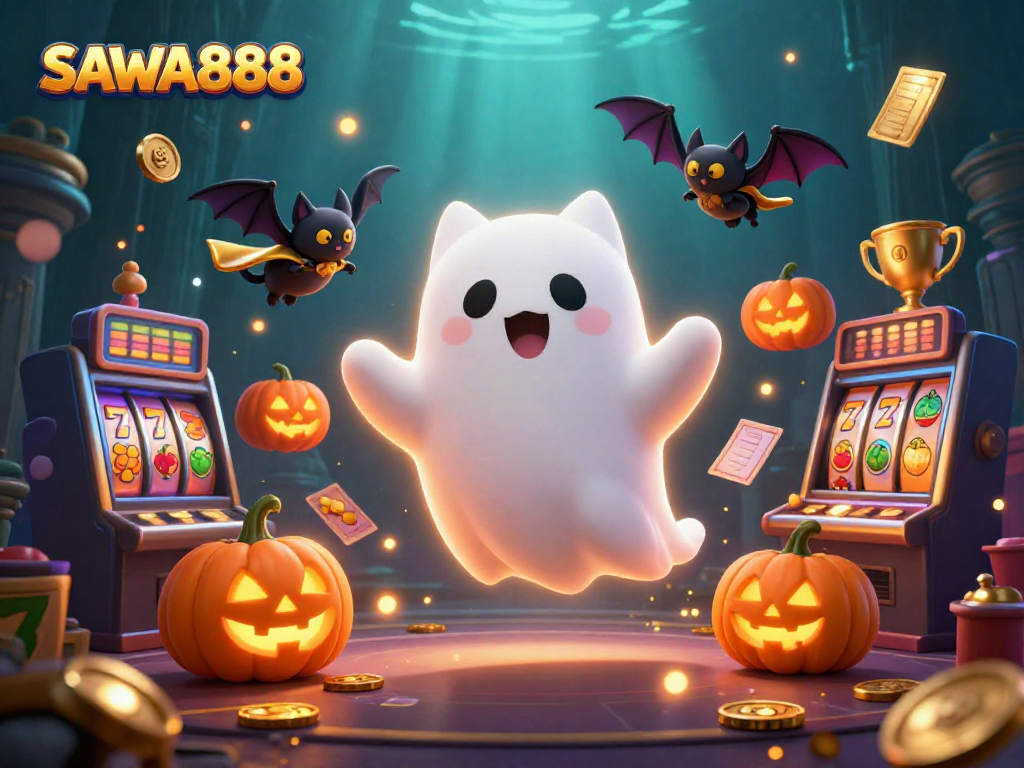 Experience the thrilling SAWA888 slots under a ghostly casino scene with magical elements.