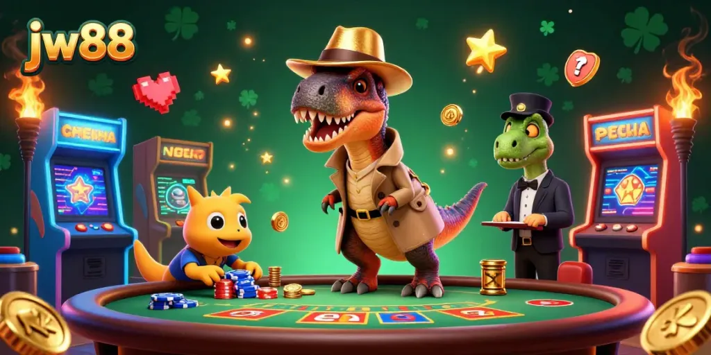 Engage in thrilling gameplay at jw88 with our vibrant casino illustration featuring animated characters.