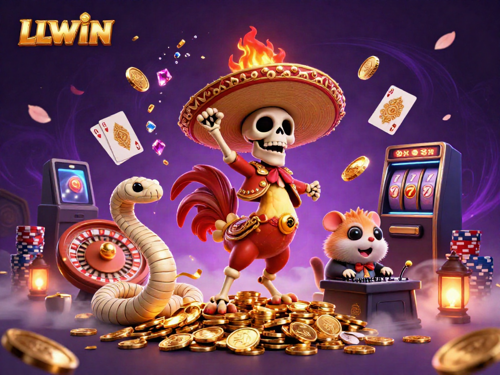 Experience LLWIN thrills with a vibrant 3D illustration of casino excitement including coins, cards, and dynamic characters.
