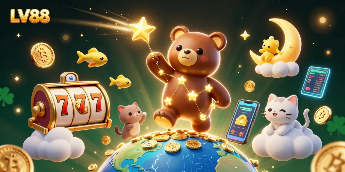 Win big at LV88 with vibrant 3D casino elements, featuring golden stars, coins, and competitive games.
