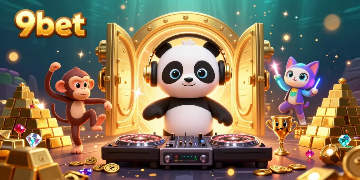 Engage with the vibrant 9bet casino experience as a DJ panda spins on roulette wheels amidst treasures.