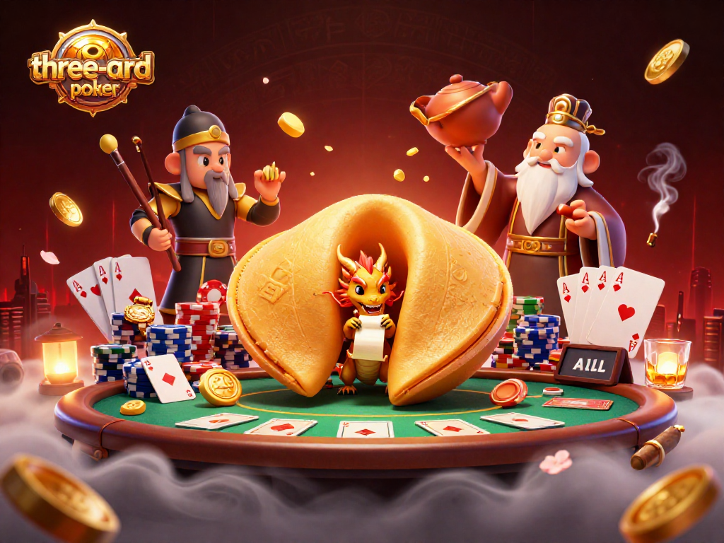 Experience three-card-poker excitement with a vibrant, 3D illustrated casino scene
