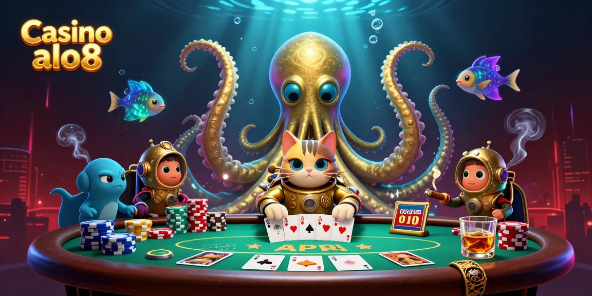 Experience the vibrant excitement of Casino alo8 with a kraken, diving cat, and poker elements.
