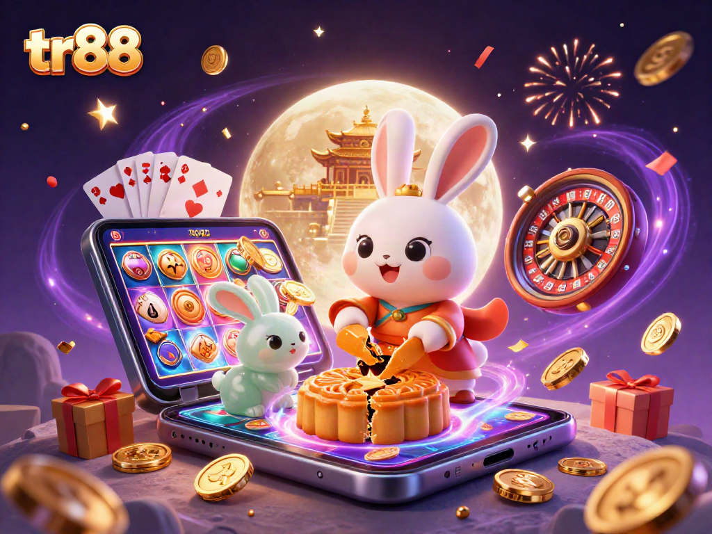 Join the fun with tr88's exciting games showcased by a moon rabbit in a vibrant casino scene.