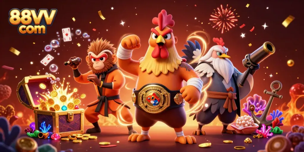Experience the thrill of 88VV com in a vibrant 3D casino illustration showcasing martial artists and treasure.