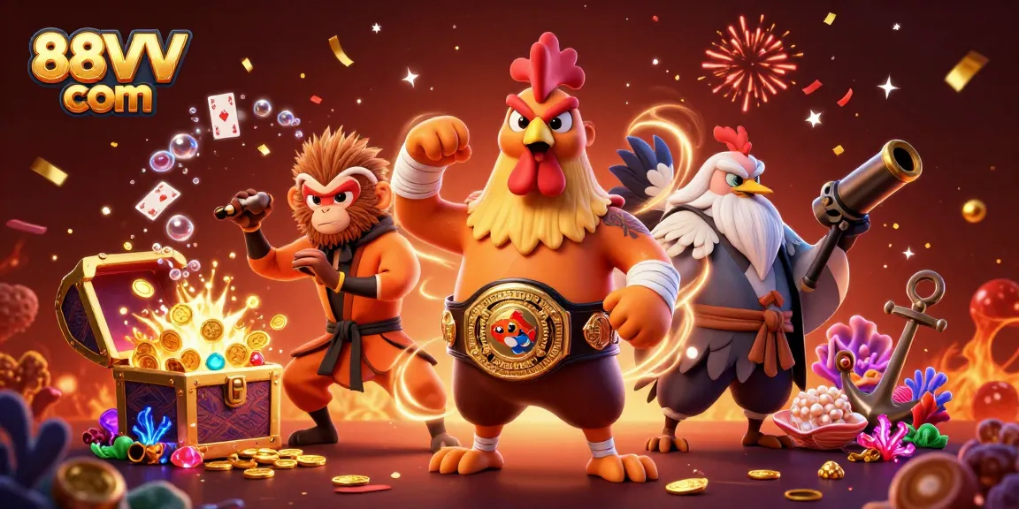 Experience the thrill of 88VV com in a vibrant 3D casino illustration showcasing martial artists and treasure.