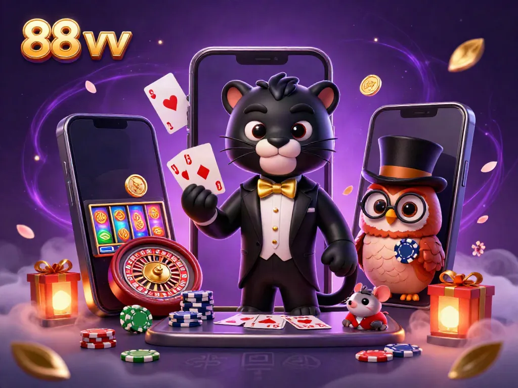 A stylish 3D cartoon black panther dealing cards with cute owl and lucky mouse in a vibrant casino scene showcasing 88 vv.