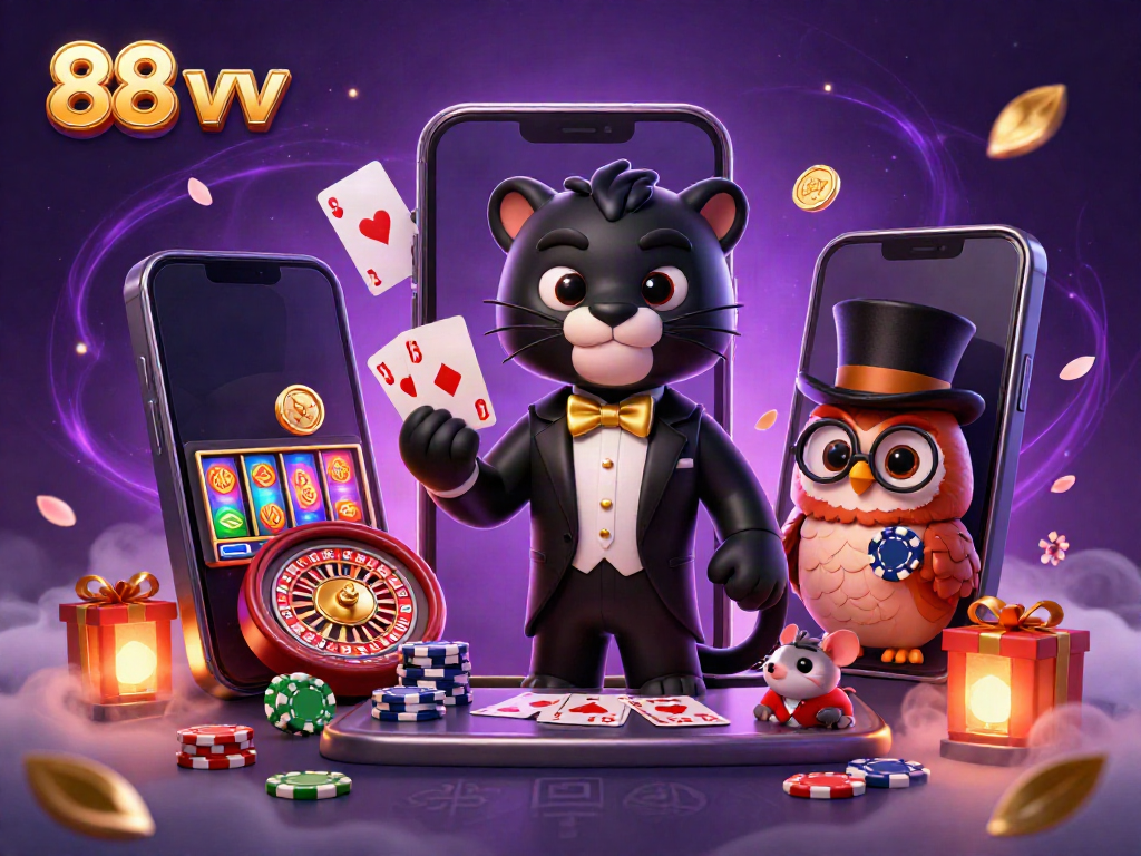 A stylish 3D cartoon black panther dealing cards with cute owl and lucky mouse in a vibrant casino scene showcasing 88 vv.