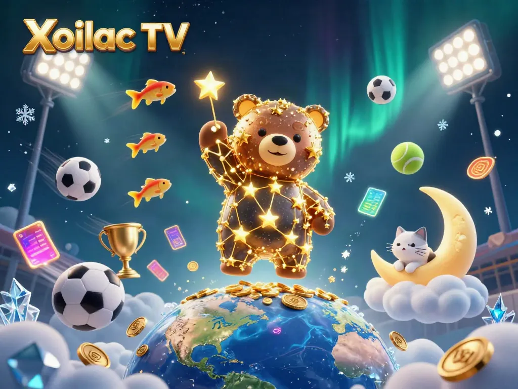 Experience thrilling sports betting action with Xoilac TV’s vibrant 3D illustration of exciting gameplay elements.
