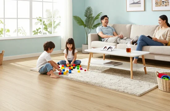 Durable flooring for family homes showcased in an inviting living room with a playful family scene.