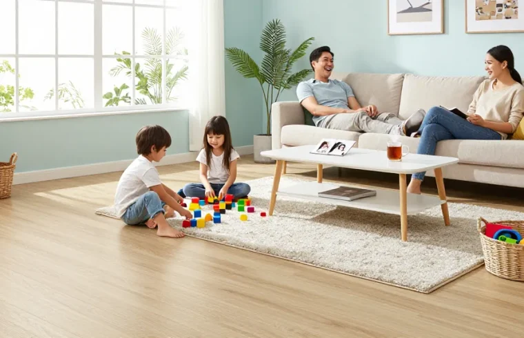 Durable flooring for family homes showcased in an inviting living room with a playful family scene.
