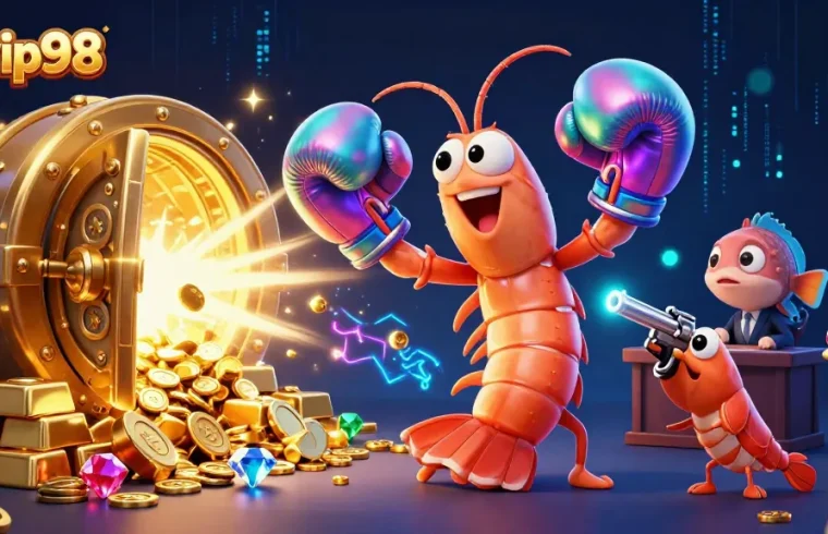 Experience the thrill of the game with rikvip98 as the cartoon shrimp spar for treasure in a vibrant online casino scene.