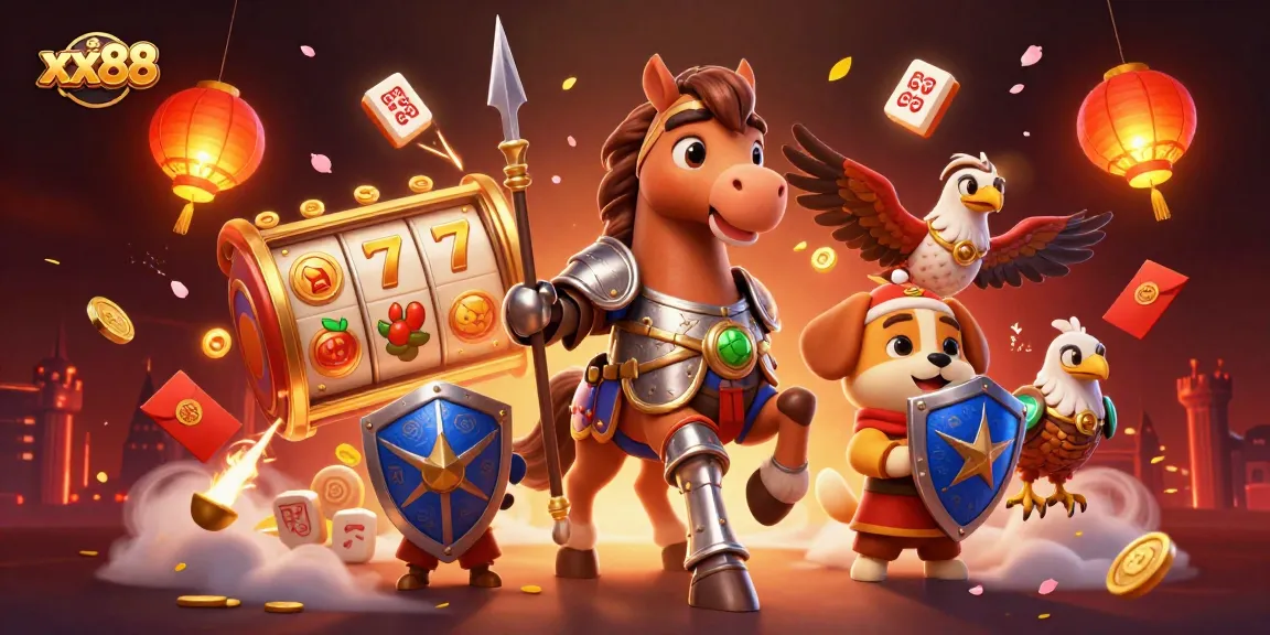 Experience gaming excitement at xx88 with dynamic slot elements and charming characters in an enchanting scene.