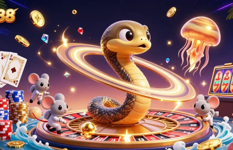 Experience exciting gambling at TR88 with a cosmic roulette scene featuring playful astronaut mice.