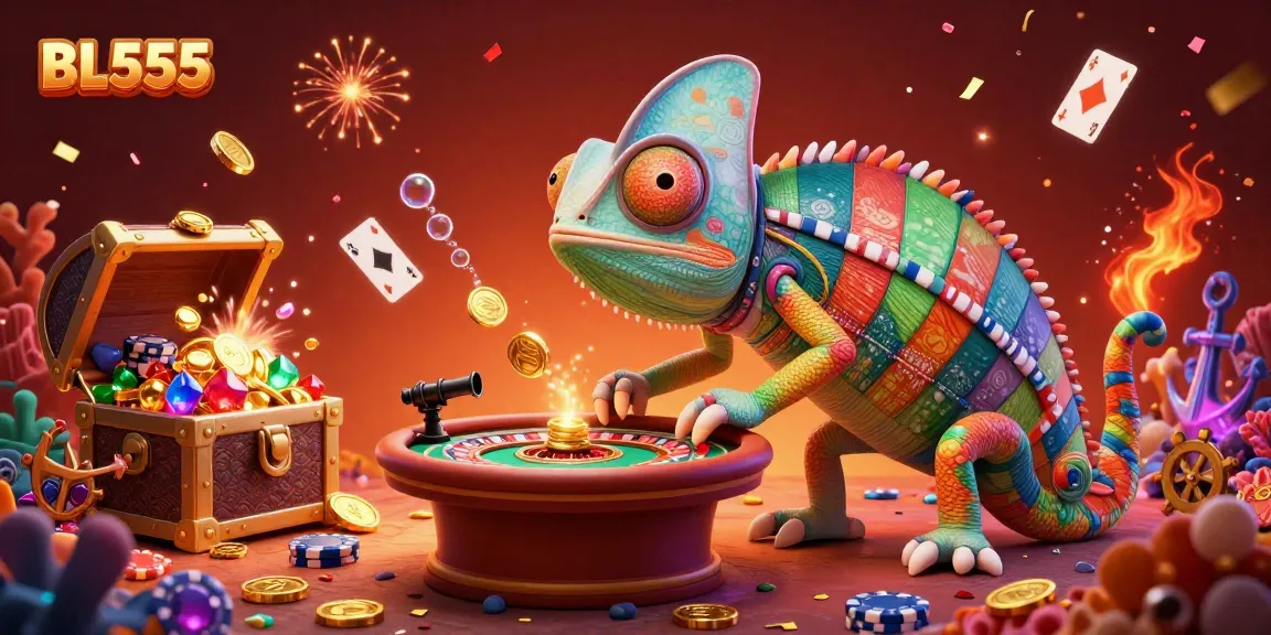 Engage with thrilling casino games at BL555 while watching vibrant chameleon owner surrounded by sparkling treasures.