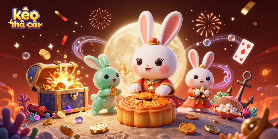 Engage with kèo nhà cái through a vibrant scene of cartoon rabbits and casino elements in a lunar setting.