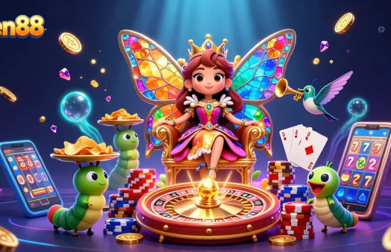 Experience thrilling gameplay at Open88 with vibrant 3D casino illustration featuring the butterfly queen and exciting elements.