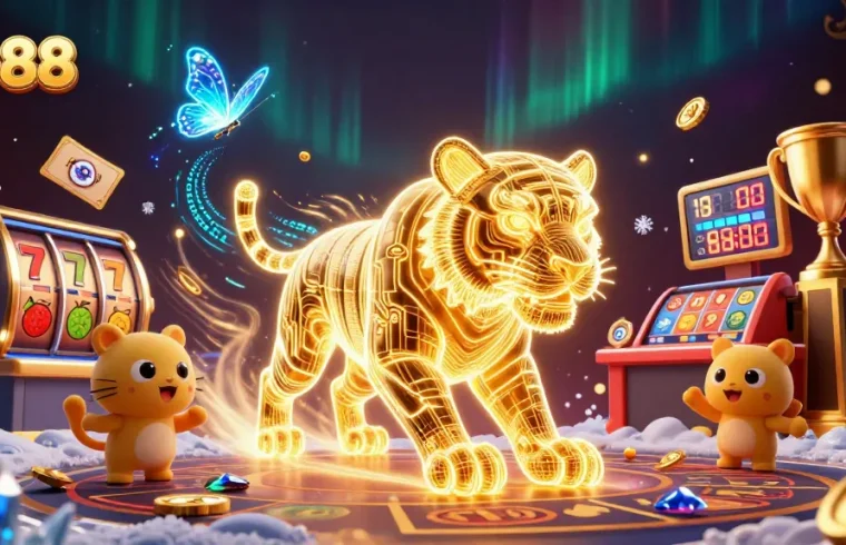 Engage with go88 in a vibrant digital casino landscape filled with dynamic slot symbols.