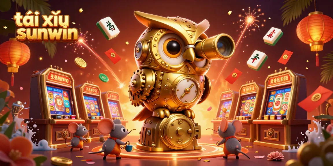 Tài xỉu sunwin features a lively casino scene with prominent characters and fortune elements twirling in excitement.