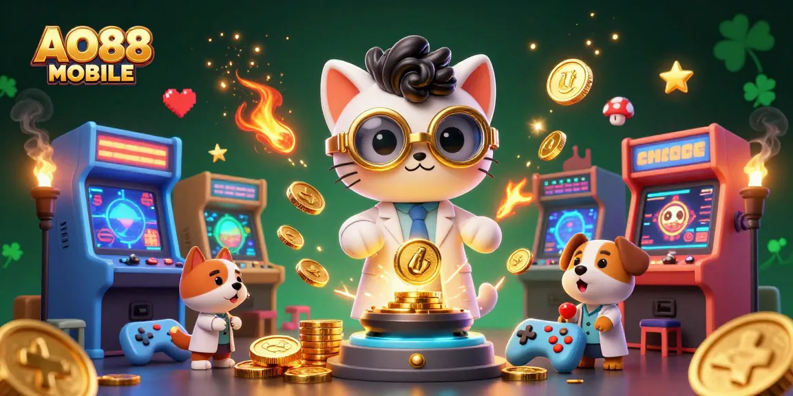 Play and win with AO88 MOBILE in this vibrant 3D casino-themed illustration featuring a mad scientist cat.