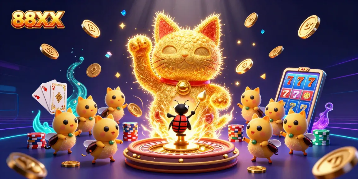 Experience the vibrant world of 88XX with a dynamic illustration showcasing a giant lucky cat and casino treasures.
