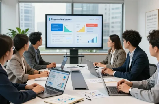 Team evaluating the best payment gateway for business startup in a modern office.