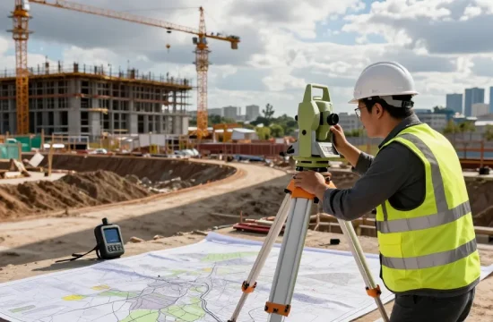 Topographical surveys London by professional surveyor at urban construction site.