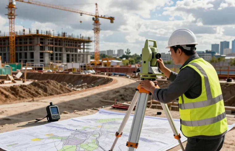 Topographical surveys London by professional surveyor at urban construction site.