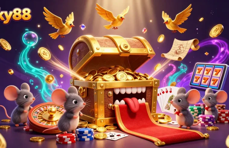Experience the magic of lucky88 with a treasure chest lure, vibrant casino treasures, and playful adventure.
